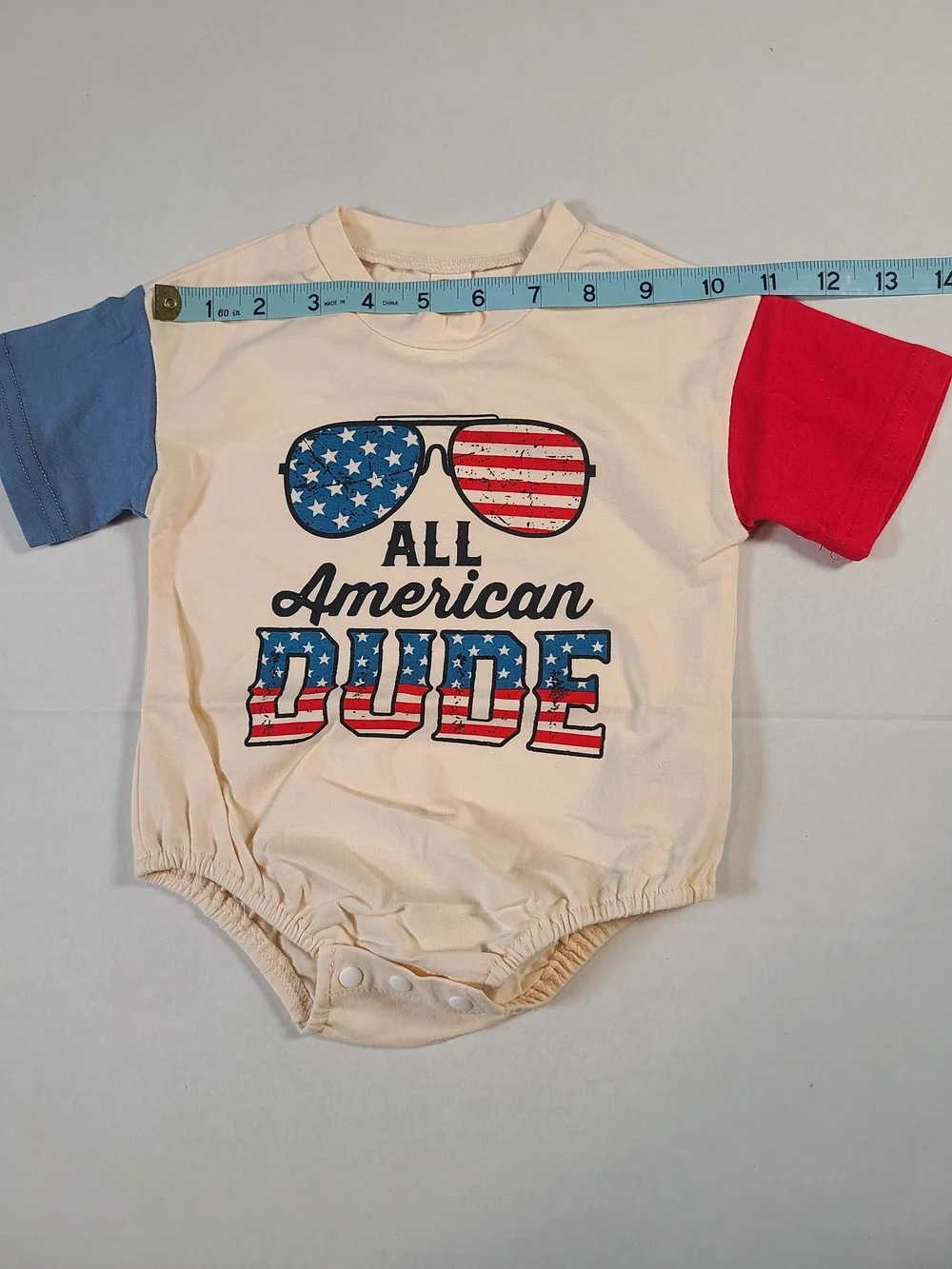 All American Dude Beige Cute One-Piece with Red & Blue Sleeves Size 0-3 Months